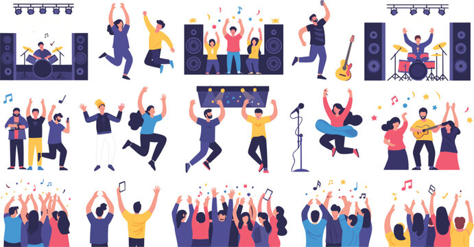 Music concert crowd celebration flat vector illustration set with dancing fans band performance stage lights instruments and festival audience scenes isolated design.