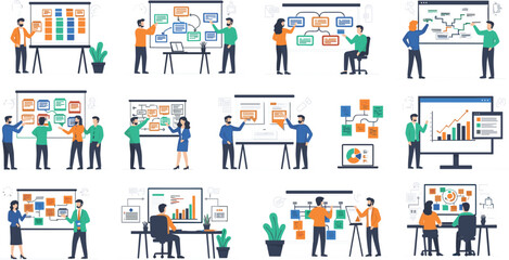 Business strategy planning and project management flat vector illustration set with team brainstorming workflow charts analytics presentation and office collaboration scenes isolated design.