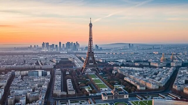 Panoramic aerial view of Paris skyline with Eiffel Tower at sunrise, France