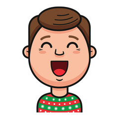 Obraz premium Joyful cartoon boy wearing a festive Christmas sweater, expressing happiness and holiday cheer.