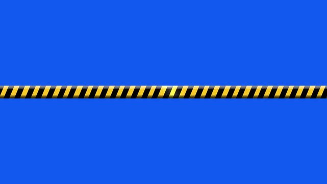 hazard roadworks crash barrier markings tape with yellow & black striped marking with a surface glint light sweep isolated 4K graphics animation element on a blue chroma key background