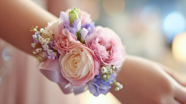 Elegant wrist corsage with fresh flowers for prom night