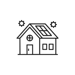 Fototapeta premium Solar Powered Smart Home Outline Icon with Roof Panels and Gear Settings Symbol