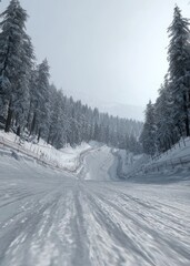 Obraz premium Wide angle view of a steep snowy ski slope winding through a dense forest of frost covered pine trees under a bright sky. The snow is nicely groomed.