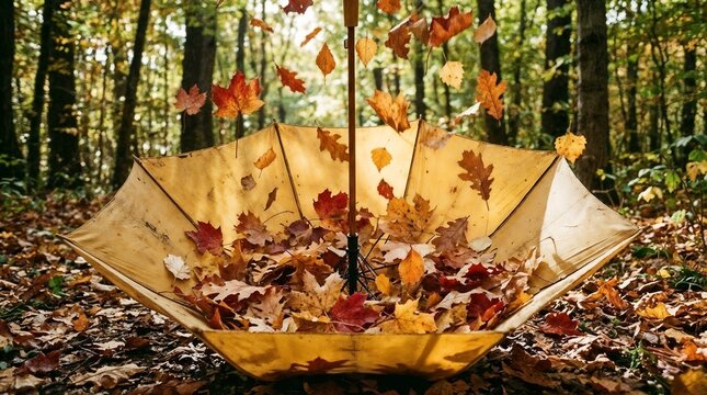  Upside-down yellow umbrella catching falling autumn maple leaves in the forest
