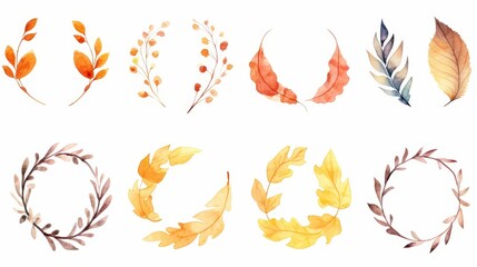 Autumn Leaves Watercolor Illustration for Logo - Round Frame Set with Colorful Autumn Leaves Isolated on White Background