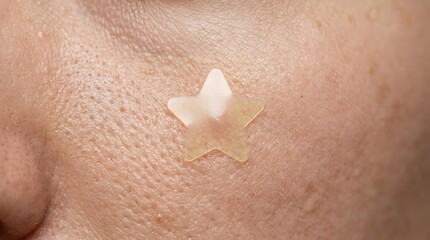 Naklejka premium Star shaped hydrocolloid pimple patch on facial skin for acne care and skin healing macro view