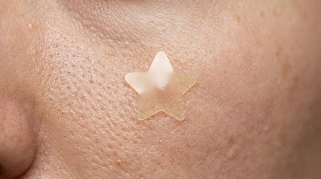 Star shaped hydrocolloid pimple patch on facial skin for acne care and skin healing macro view
