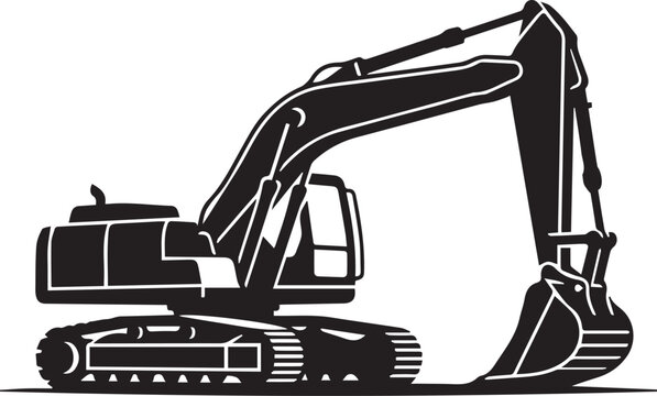 A black and white illustration of an excavator machine on a plain background for construction or industrial use