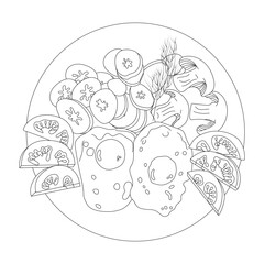 Fototapeta premium A breakfast of scrambled eggs, fresh tomatoes, mushrooms, fried vegetables, and a sprig of dill. Food on a plate in doodle style. Vector illustration isolated on a white background.