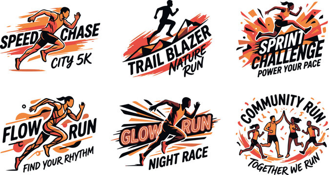 A collection of six vibrant running event logos with dynamic illustrations and motivational slogans on a white background