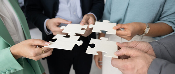 Close up diverse businesspeople hands holding puzzle pieces connecting them together collaborating...