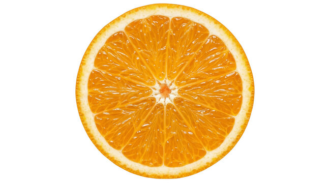 Close-up of a vibrant, juicy orange slice, showcasing its refreshing texture and bright citrus color against a clean white background, perfect for healthy eating concepts