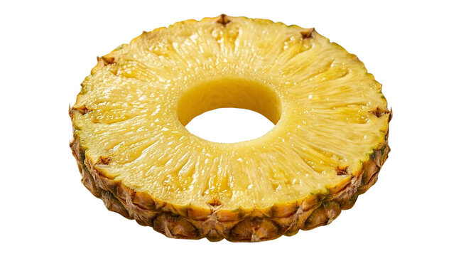 Vibrant tropical pineapple ring, perfectly sliced and showcasing its juicy, golden texture against a clean white background, ideal for summer fruit concepts and healthy eating