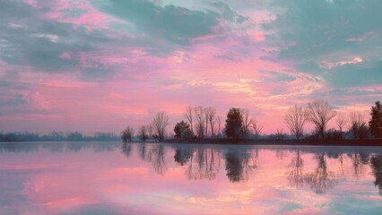 Obraz premium Lake Reflection at Colorful Pink and Blue Sunset