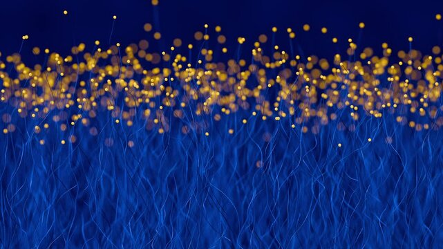 Growing thin blue stems with glowing yellow tips. Concept for cellular growth, creativity, innovation. Time lapse video, selective focus