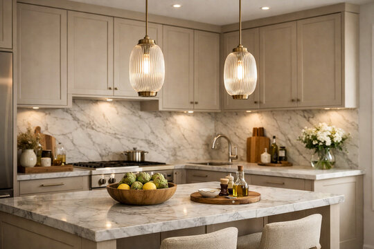 Elegant Light Kitchen Interior With Marble Island And Soft Pendant Lighting