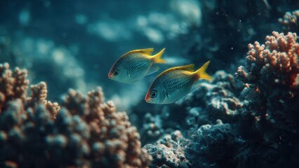 Obraz premium Pair of golden damselfish swimming by coral