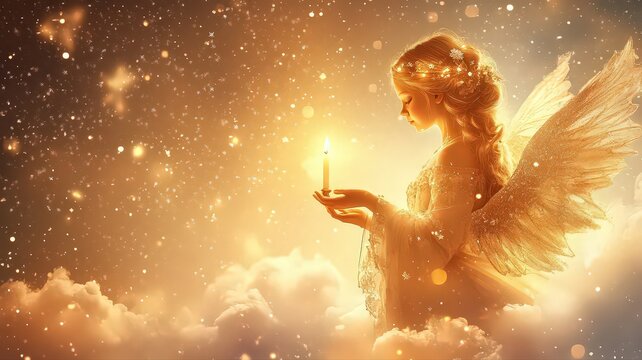 Festive background with little white guardian angel surrounded by lights at night.