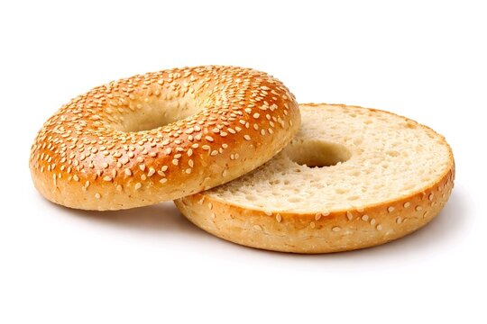 Sesame Seed Bagel Sliced in Half Isolated on White Background