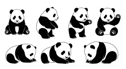Cute Panda Set: Various Poses of Adorable Giant Pandas in Black and White