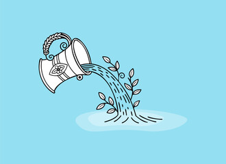 Vector Illustration of a Modern Watering Can and Potted Houseplant in Linear Style © Ivanna