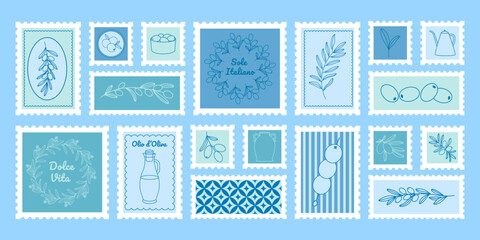 Italian summer stamp set with olive branch wreath and Mediterranean blue frame, Vector illustration © HelenArt