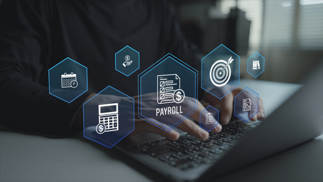 Digital payroll system concept. User using laptop with payroll and payment icons, employee salary management, financial records and HR administration.