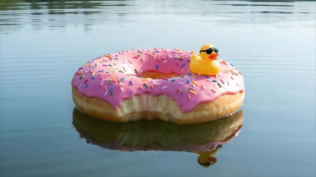 Inflatable pink donut float with yellow rubber duck wearing sunglasses drifting on calm water surface. Summer leisure and recreational swimming pool toy concept.