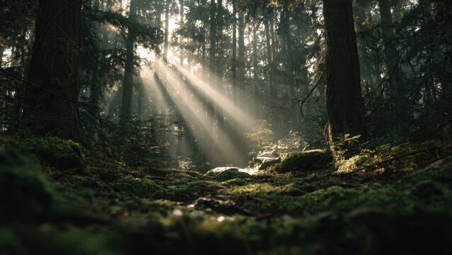 Sunlight through forest trees
