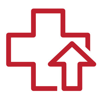 Red cross with arrow pointing up symbol for medical help or healthcare services icon