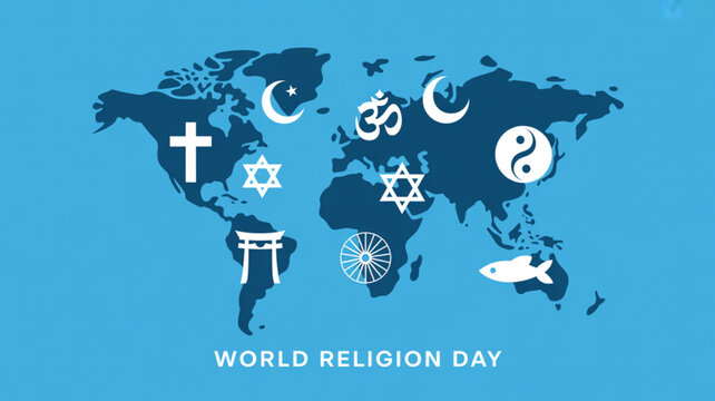 World Map with Religious Symbols and Icons.