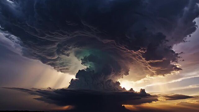 Aerial view of a large, dark, mushroom-shaped thundercloud at sunset with sun rays piercing through, dramatic and cinematic 4k video footage