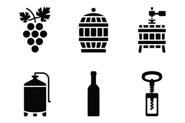 Fototapeta premium Wine making icons: grapes, barrel, press, bottle, corkscrew