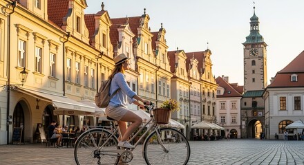 Naklejka premium Woman rides bicycle through historic European city square with old buildings and clock tower