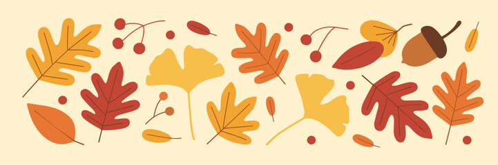 Obraz premium Autumn Leaves and Berries Pattern on a Cream Background vector illustration