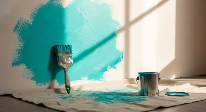 Paint brush resting against wall half painted with fresh color. Visible brush stroke texture with soft daylight showing home renovation and interior painting concept.