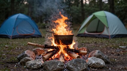 Camping in the woods with tents and a campfire burning with a pot on it  outdoor adventure in nature