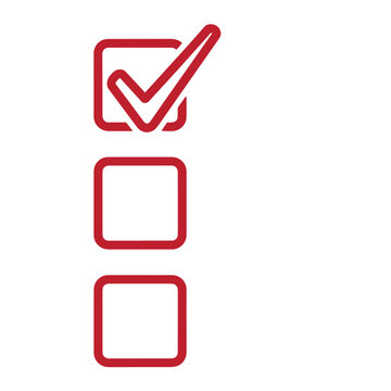 Red checklist icon with one checked box and two empty boxes in a vertical list isolated on white background