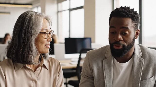 Diverse business colleagues conversing in a bright modern office