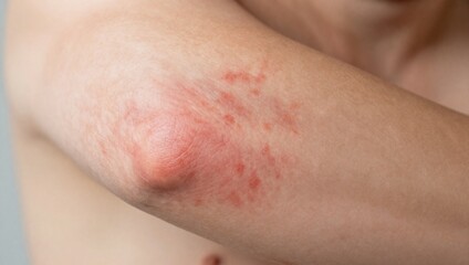 Fototapeta premium Close up of a persons arm with red skin rash or eczema on elbow skin condition