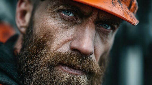 Rugged man with a beard and blue eyes wears a dirty orange hard hat. Perfect for industrial themes, perseverance, and skilled labor concepts.