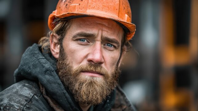Close-up of a serious worker with a beard and orange hard hat. Ideal for themes of labor, resilience, construction, or blue-collar work.