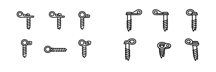 Set of ice screw icons for mountaineering and ice climbing equipment on white background