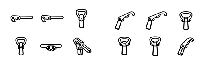 This set features twelve minimalist white line icons of different bottle opener designs, ranging from classic handheld tools to wall-mounted versions, on a black background. © PAPA STOCK