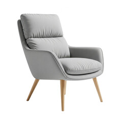 Obraz premium Modern gray armchair with wooden legs and curved backrest isolated on transparent background