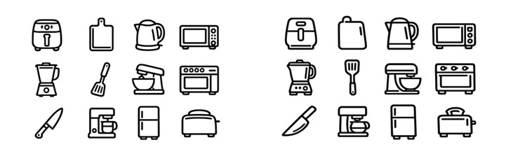 Obraz premium Collection of kitchen appliance and cooking tool icons including air fryer microwave blender toaster and refrigerator on white background