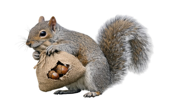 Squirrel hoarding acorns in a burlap bag