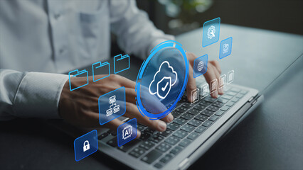 Cloud security and data protection concept. Person using laptop with cloud computing and cybersecurity icons, secure data storage, privacy protection and digital infrastructure.