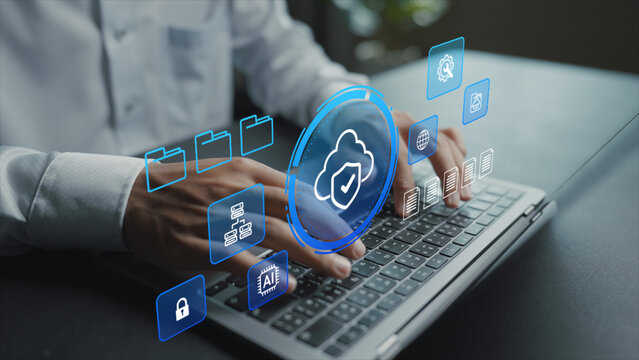 Cloud security and data protection concept. Person using laptop with cloud computing and cybersecurity icons, secure data storage, privacy protection and digital infrastructure.